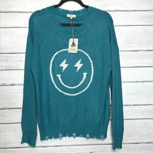 Easel Smiley Lightning Bolt Blue Sweater Women’s Small Lightweight Knit